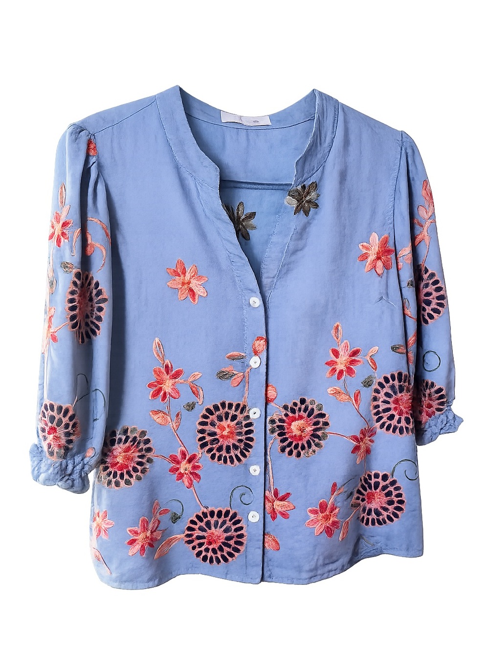 Light Blue Floral Embroidered Button-Front Shirt